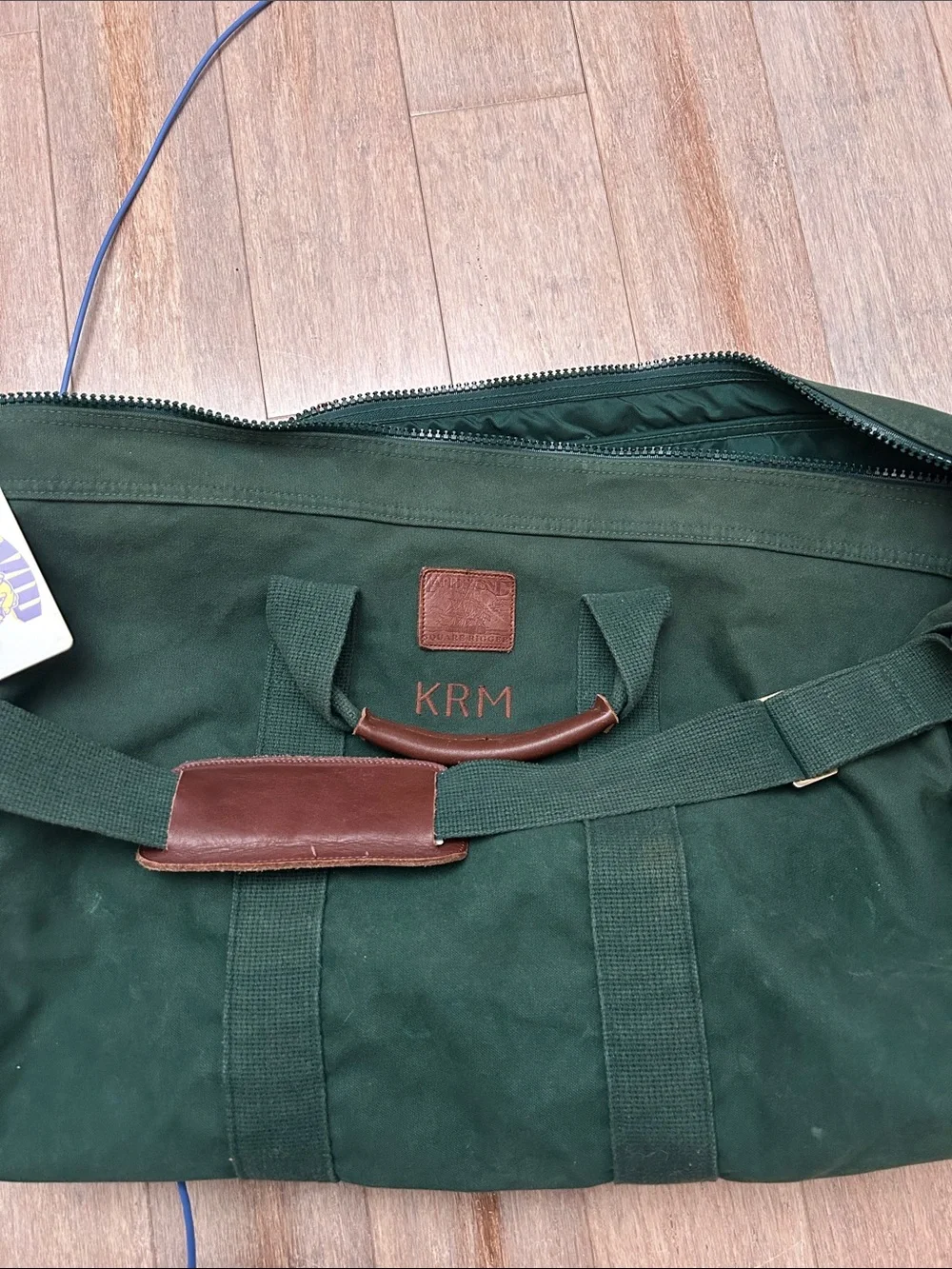 VTG Lands' End Dark Green Canvas Duffel with Brown Trim large square rigger